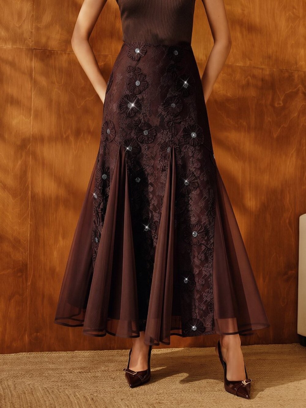 Brown Women's French High Waist Slimming Multi-Layer Ruffle Chiffon Cake Skirt